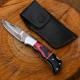 Handcrafted Copper Damascus Folding Knife with Leather Cover