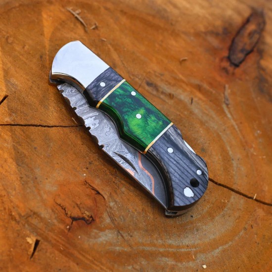 Damascus & Copper Folding Pocket Knife | Pakkawood Handle with Leather Cover