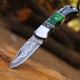 Damascus & Copper Folding Pocket Knife | Pakkawood Handle with Leather Cover