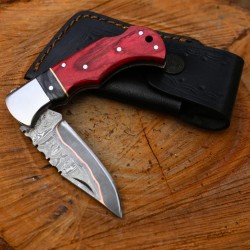 Copper Damascus Folding Knife with Leather Cover