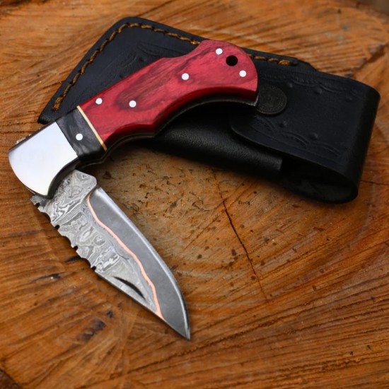 Copper Damascus Folding Knife with Leather Cover