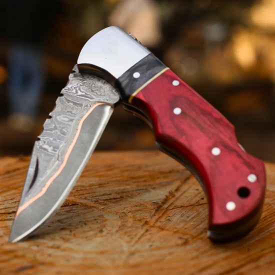 Copper Damascus Folding Knife with Leather Cover