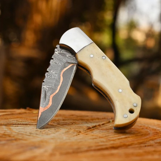 Copper-Inlaid Damascus Folding Knife with Bone Handle & Leather Cover