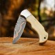 Copper-Inlaid Damascus Folding Knife with Bone Handle & Leather Cover