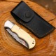 Copper-Inlaid Damascus Folding Knife with Bone Handle & Leather Cover