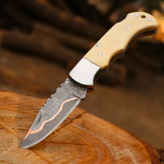 Copper-Inlaid Damascus Folding Knife with Bone Handle & Leather Cover