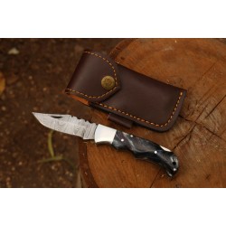 Hunting Folding Knife with Leather Cover (Damascus Steel Blade / Resin Handle )