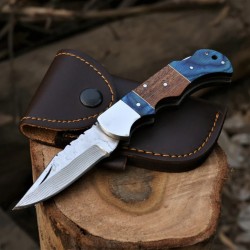Handcrafted Copper Damascus Folding Knife with Leather Cover