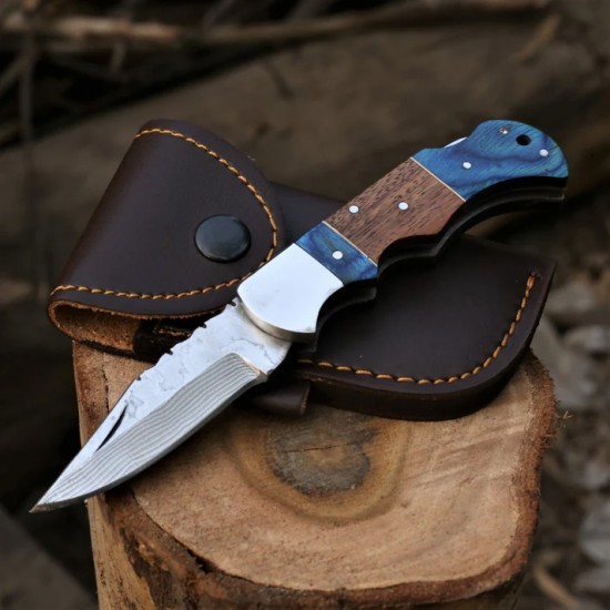 Handcrafted Copper Damascus Folding Knife with Leather Cover