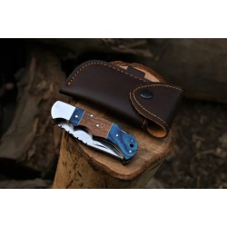 Handcrafted Copper Damascus Folding Knife with Leather Cover