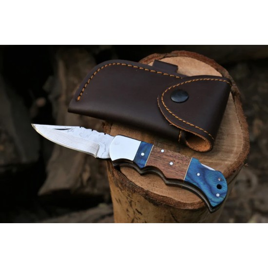 Handcrafted Copper Damascus Folding Knife with Leather Cover