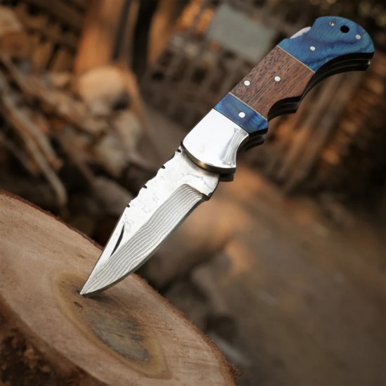 Handcrafted Copper Damascus Folding Knife with Leather Cover