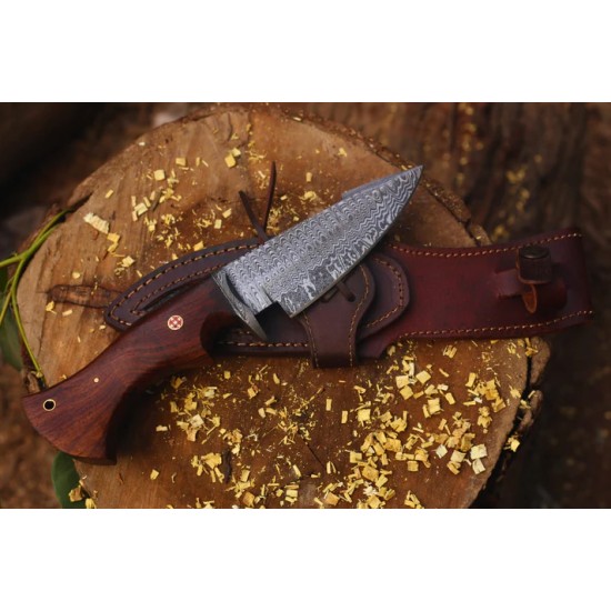 Bobcat Hunting Dagger in Damascus Steel And Wood Handle | With Leather Cover | (Total length 10.3 inches)