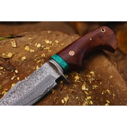 Damascus Bobcat Hunting Dagger – Wood, Brass & Feroza Resin Handle (Total length 10.3 inches ) with Leather Cover