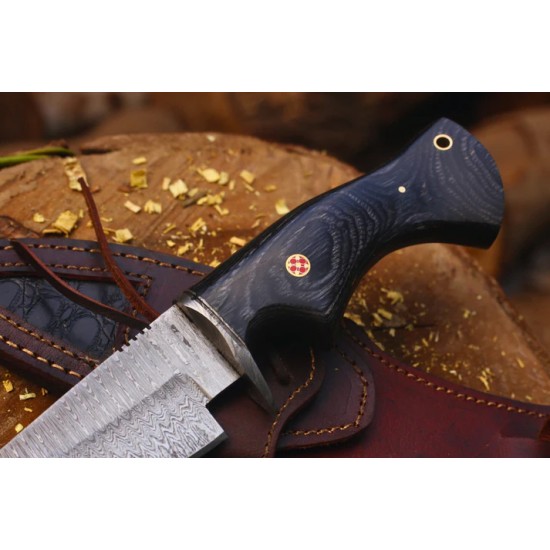 Damascus Bobcat Hunting Dagger with Colored Wood (Total length 10.3 inches) with Leather Cover