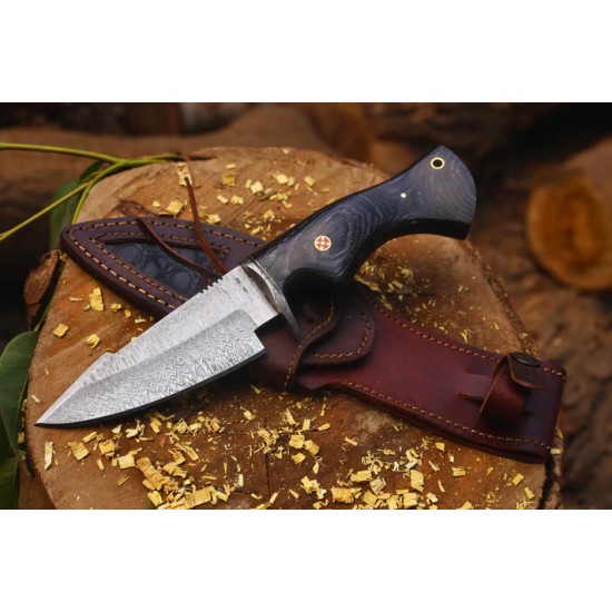 Damascus Bobcat Hunting Dagger with Colored Wood (Total length 10.3 inches) with Leather Cover