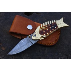 Fish Handle Folding Knife – Damascus Steel Blade with Bone & Brass Handle (Total length 8.2 inches )