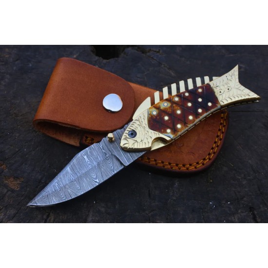 Fish Handle Folding Knife – Damascus Steel Blade with Bone & Brass Handle (Total length 8.2 inches )