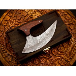 Handcrafted Damascus Steel Pizza Cutter – Wood Handle With Leather Cover | Razor Sharp | 5.8" Blade (Total length 10.3 inches )