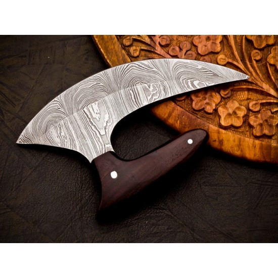 Handcrafted Damascus Steel Pizza Cutter – Wood Handle With Leather Cover | Razor Sharp | 5.8" Blade (Total length 10.3 inches )