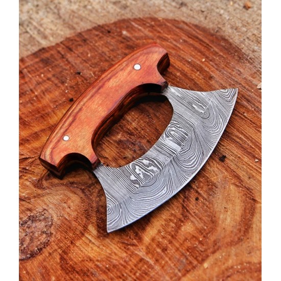 Cute Pizza Cutter / Ullu Knife – Damascus Steel And color wood handle with Leather cover