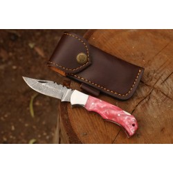 Hunting Folding Knife With Leather Cover (Damascus Steel Blade / Resin Handle)