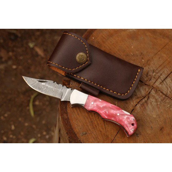 Hunting Folding Knife With Leather Cover (Damascus Steel Blade / Resin Handle)