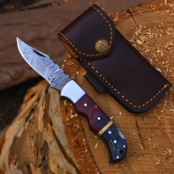 Pocket / Hunting Folding Knife In Damascus With Leather Cover