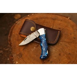 Hunting Folding Knife with Leather Cover (Damascus Steel Blade / Resin Handle )