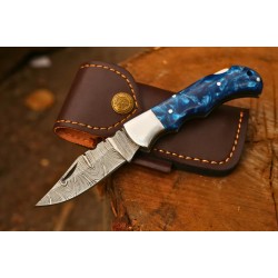 Hunting Folding Knife with Leather Cover (Damascus Steel Blade / Resin Handle )