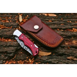 Premium Hand-Forged Damascus Steel Folding Knife With Leather Cover – Colour Pakkawood & Silver Bolster