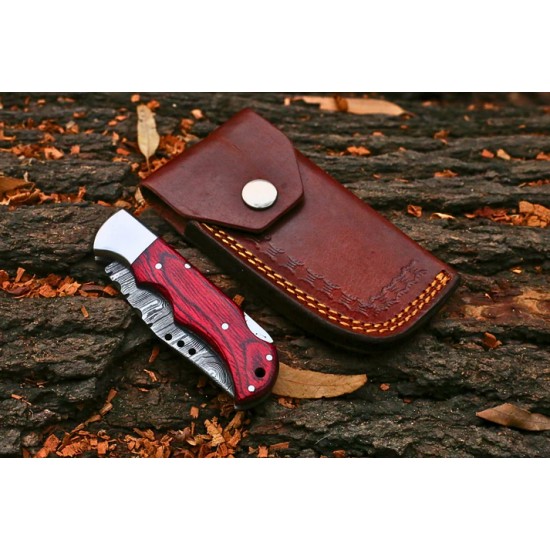 Premium Hand-Forged Damascus Steel Folding Knife With Leather Cover – Colour Pakkawood & Silver Bolster