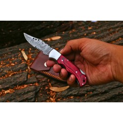 Premium Hand-Forged Damascus Steel Folding Knife With Leather Cover – Colour Pakkawood & Silver Bolster