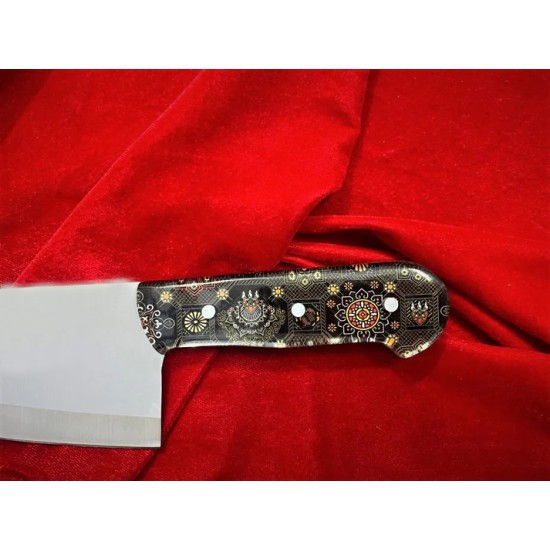 Excellent Skinner Knife In J2 Stainless Steel , vibrant mandala-inspired mosaic pattern